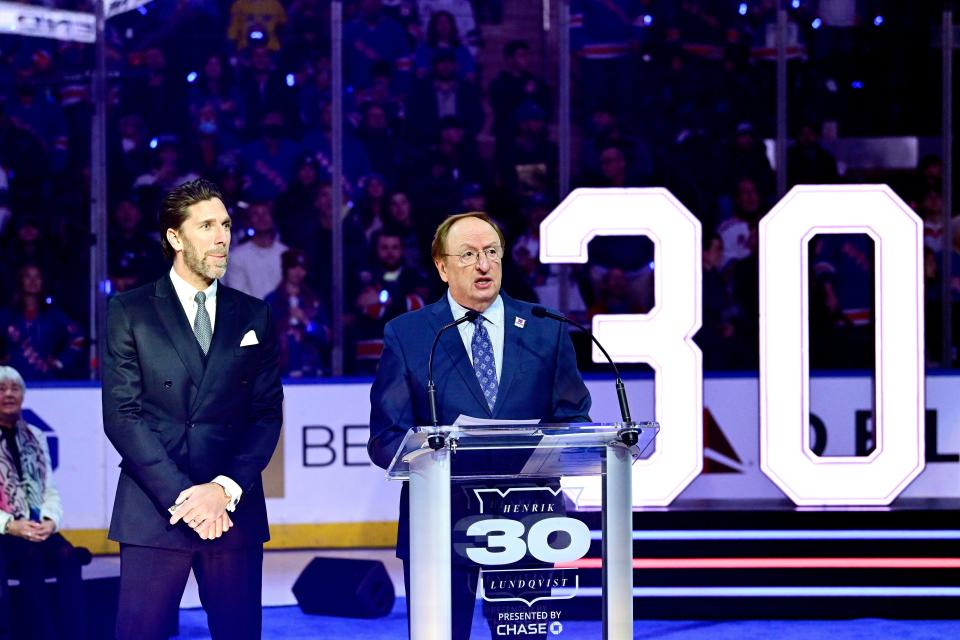 Sam Rosen speaks during Henrik Lundqvist's jersey retirement ceremony prior to a game between the New York Rangers and Minnesota Wild at Madison Square Garden on January 28, 2022 in New York City.