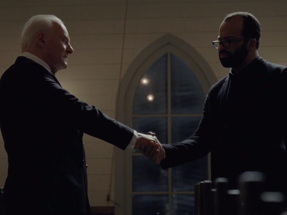 Ford and Bernard shaking hands Westworld