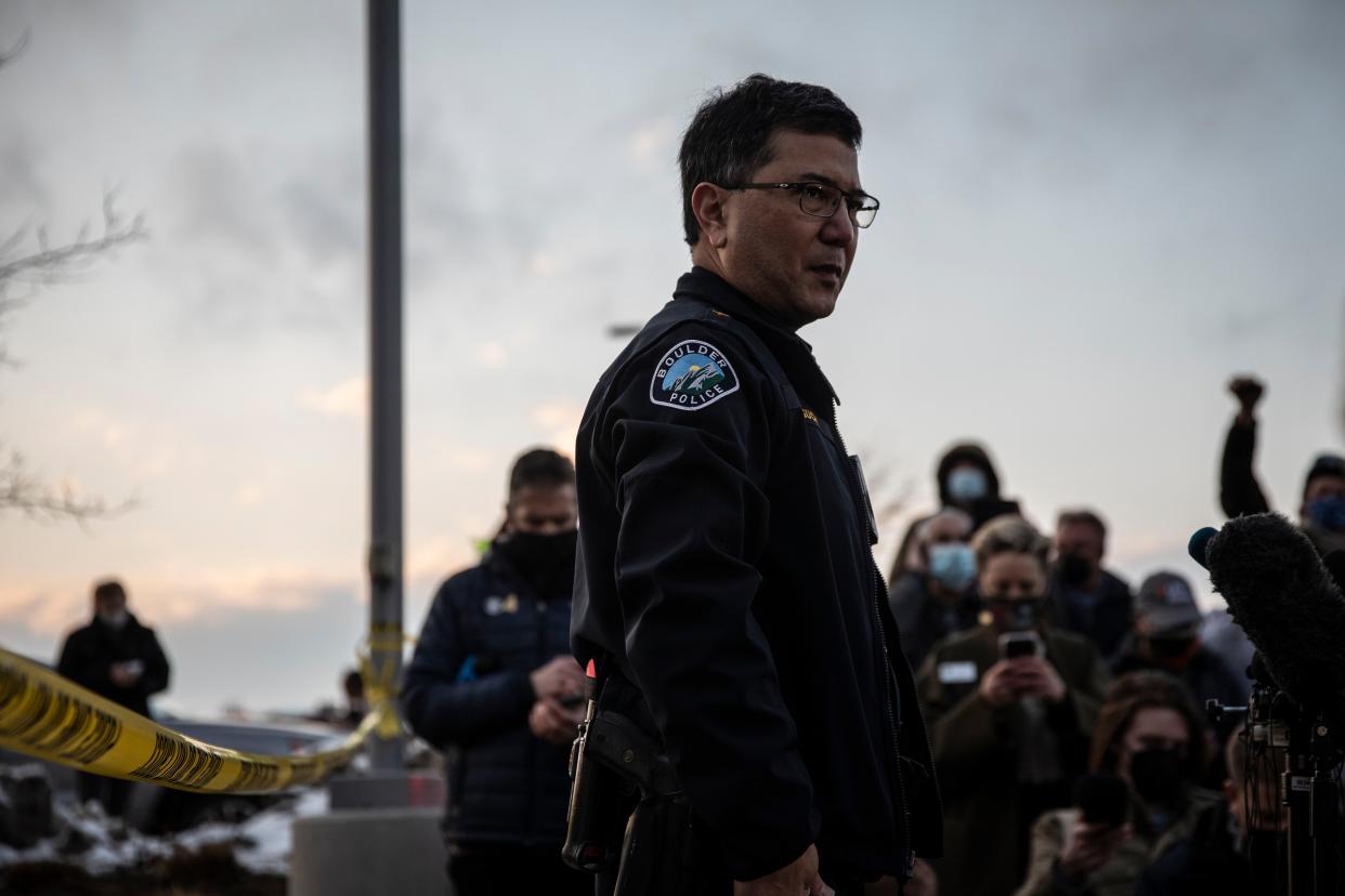 Boulder Police Department Commander Kerry Yamaguchi addresses the media after a gunman opened fire at King Soopers grocery store on March 22, 2021, in Boulder, Colorado. Ten people, including a police officer, were killed in the attack.