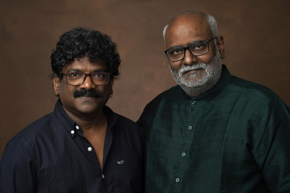 Kanukuntla Subhash Chandrabose, left, and M. M. Keeravaani pose for a portrait at the 95th Academy Awards Nominees Luncheon on Monday, Feb. 13, 2023, at the Beverly Hilton Hotel in Beverly Hills, Calif. (AP Photo/Chris Pizzello)