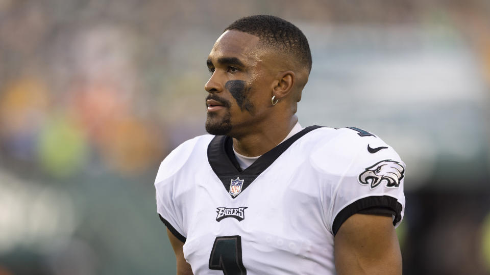 PHILADELPHIA, PA - AUGUST 12: Jalen Hurts #1 of the Philadelphia Eagles looks on against the Pittsburgh Steelers during the preseason game at Lincoln Financial Field on August 12, 2021 in Philadelphia, Pennsylvania. (Photo by Mitchell Leff/Getty Images)