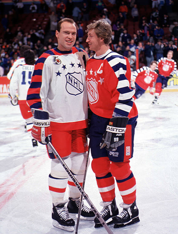 <p>WORST: Mark Messier and Wayne Gretzky were great, but the jerseys they had to wear in the 1992 NHL All-Star Game, hosted in Philadelphia, were not. Stripes on the arms? No thanks. (Getty Images) </p>