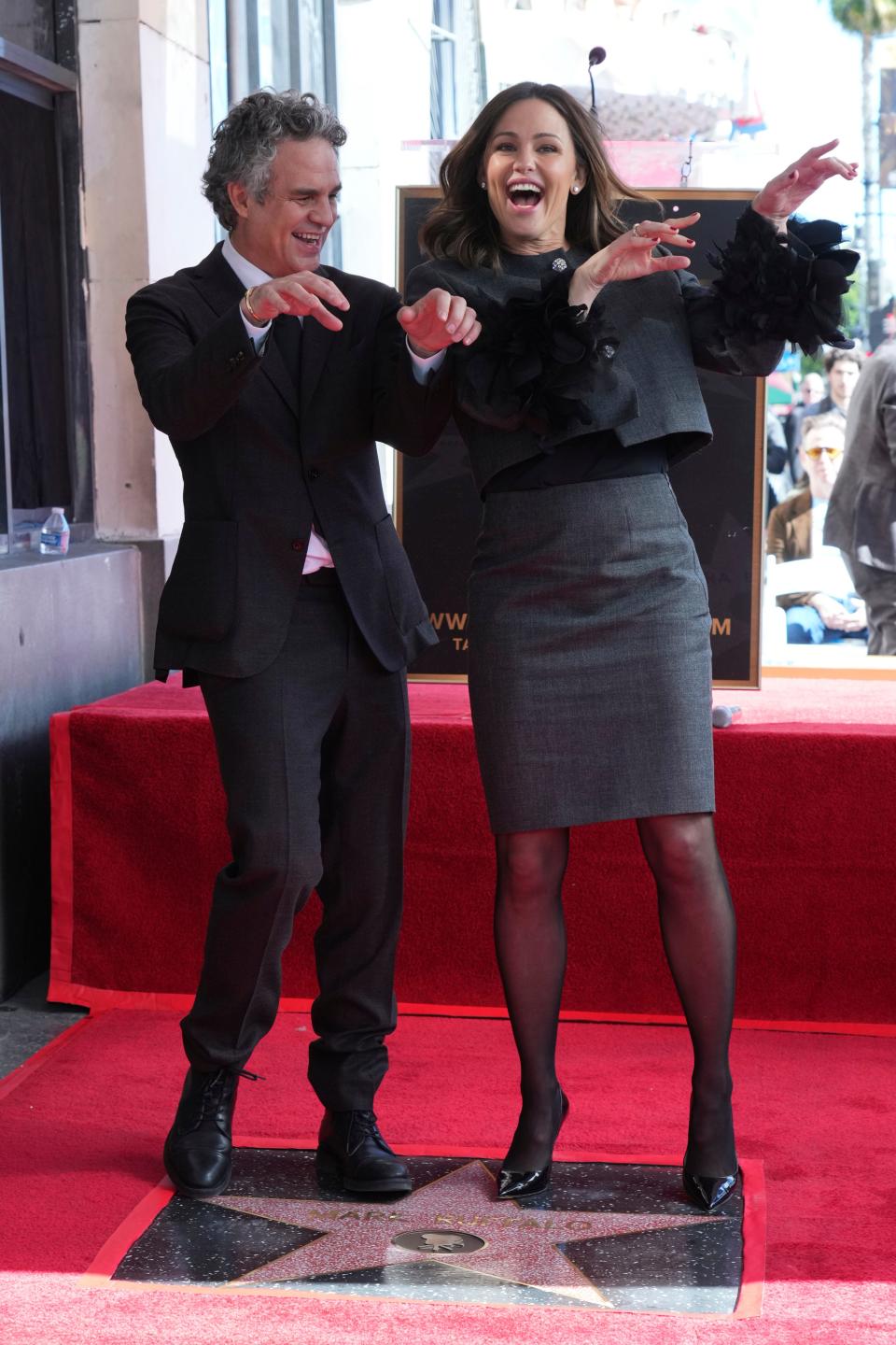 Mark Ruffalo, left, and Jennifer Garner attend a ceremony honoring Ruffalo with a star on the Hollywood Walk of Fame on Feb. 8, 2024, in Los Angeles.