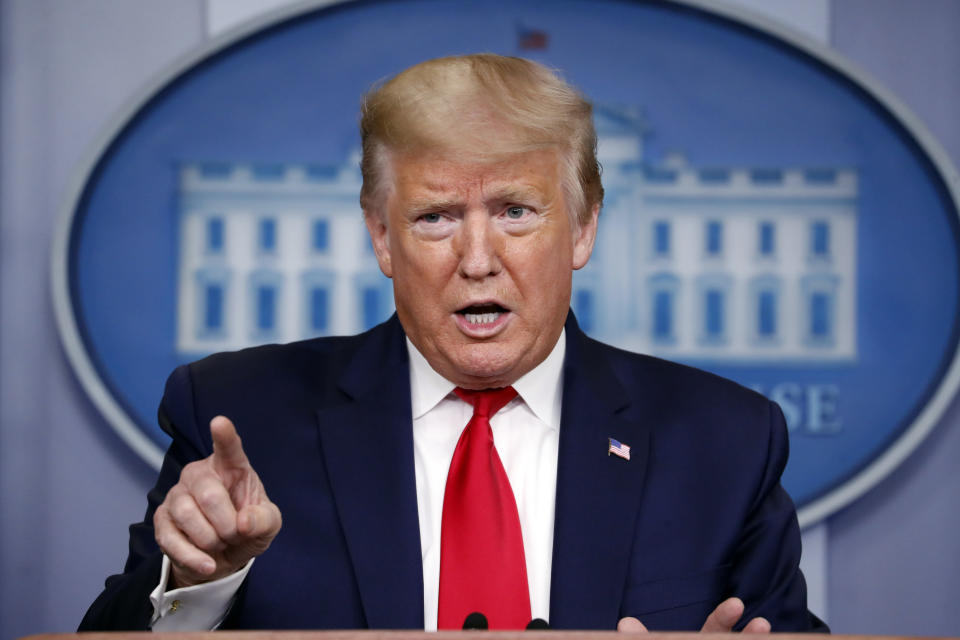 President Donald Trump speaks about the coronavirus in the James Brady Press Briefing Room of the White House, Thursday, April 9, 2020, in Washington. (AP Photo/Andrew Harnik)