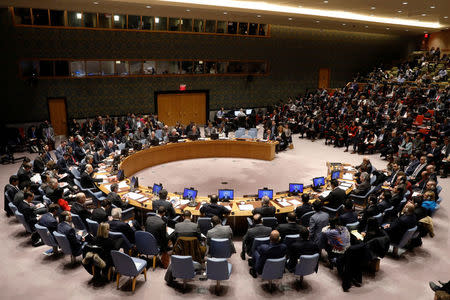 FILE PHOTO - The United Nations Security Council begins a meeting on the situation in the Middle East, including the Palestine, at the United Nations Headquarters in New York, U.S., December 8, 2017. REUTERS/Brendan McDermid