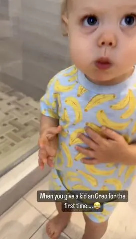 <p>Brittany Mahomes/Instagram</p> Brittany Mahomes' 16-month-old son Bronze eats his first Oreo