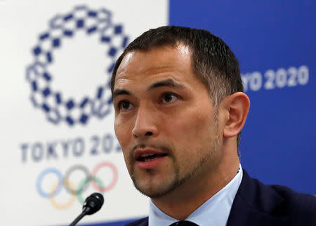 Tokyo 2020 Olympic and Paralympic organising committee Sports Director Koji Murofushi attends a news conference on the water quality survey for an Olympics venue, in Tokyo, Japan October 4, 2017. REUTERS/Issei Kato