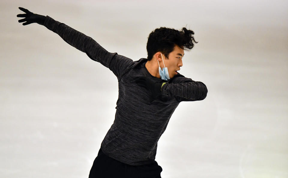 Nathan Chen of the USA performs during a practice session at the Figure Skating World Championships in Stockholm, Sweden, Tuesday, March 23, 2021. (AP Photo/Martin Meissner)