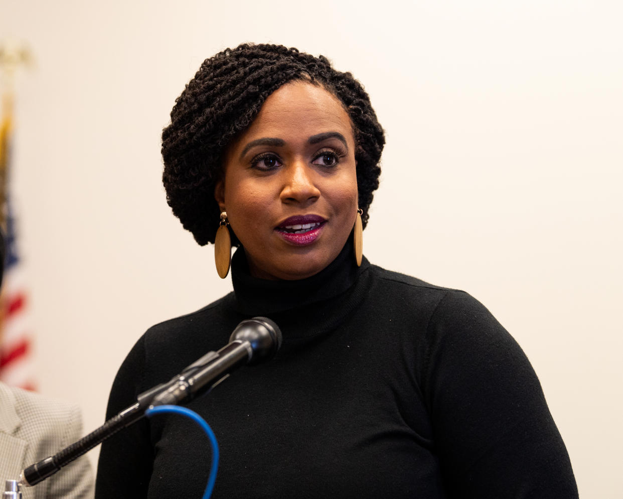 Rep. Ayanna Pressley revealed last week that she is now bald as the result of alopecia. (Photo: Michael Brochstein/Echoes Wire/Barcroft Media via Getty Images)