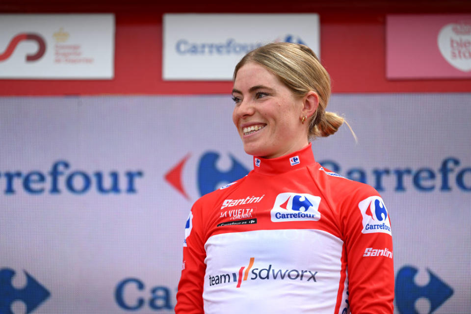 MIRADOR DE PEAS LLANAS SPAIN  MAY 05 Demi Vollering of The Netherlands and Team SD Worx celebrates at podium as Red Leader Jersey winner during the 9th La Vuelta Femenina 2023 Stage 5 a 1292km stage from La Cabrera to Mirador de Peas Llanas 1479m  UCIWWT  on May 05 2023 in Mirador de Peas Llanas Spain Photo by Dario BelingheriGetty Images