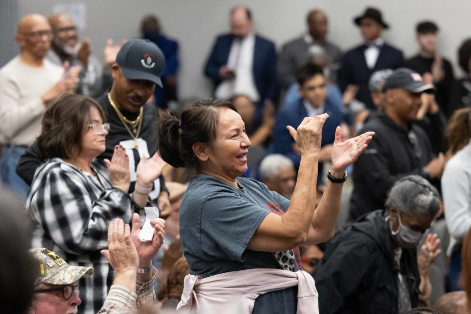 Community members react Monday during a town hall meeting to discuss the future of Oklahoma County's jail.