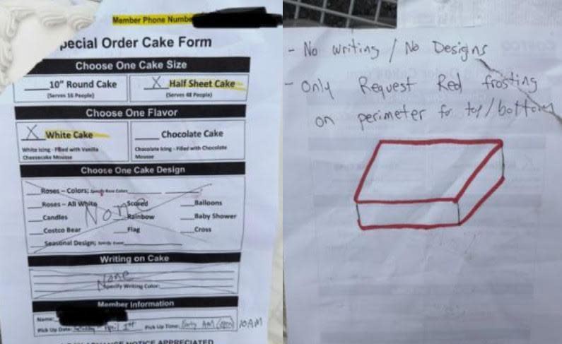 美國一名網友訂製好市多客製化蛋糕，在需求單畫了蛋糕示意圖跟詳細的要求。（翻攝Reddit）