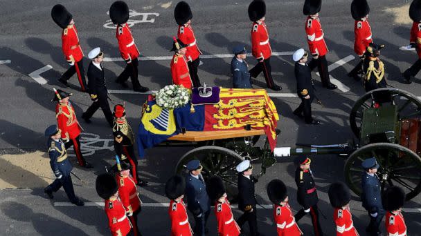 PHOTO: The procession of the coffin of Britain's Queen Elizabeth moves from Buckingham Palace to Westminster Hall for her lying in state, in London, Sept. 14, 2022. (Toby Melville/Pool via Reuters)