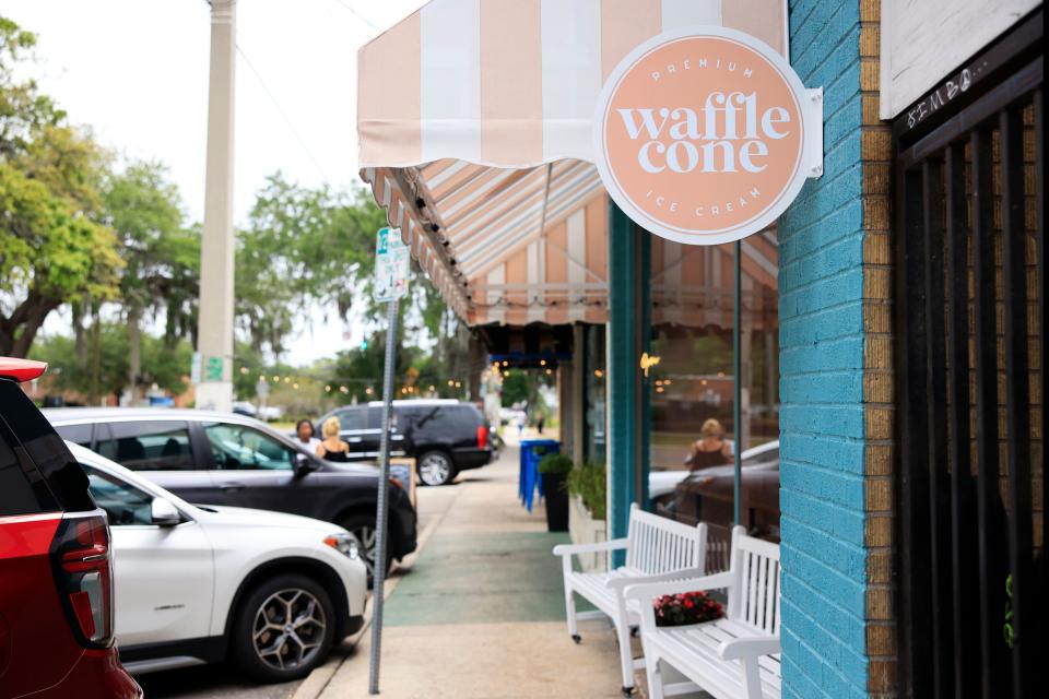 The main sign at the newly opened Waffle Cone ice cream parlor in the Five Points neighborhood of Jacksonville.