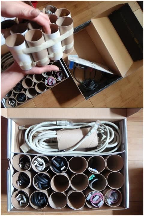 Use cardboard tubes to corral electric cords.