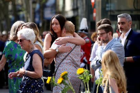 Relatives react after placing flowers in memory of victims of the twin Islamist attacks on the Catalan capital and the coastal town of Cambrils that killed 16 people, during a ceremony to mark the first anniversary of the attacks at Las Ramblas, central Barcelona, Spain, August 17, 2018. REUTERS/Albert Salame