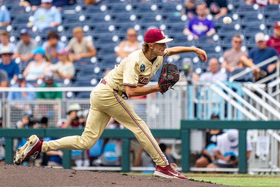 Florida State starter Andrew Armstrong (37) pitches against North Carolina during the first inning at Charles Schwab Field in Omaha, Nebraska on June 18, 2024.