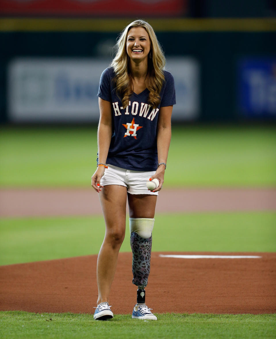 Rebekah Gregory throws out the first pitch at Minute Maid Park in Houston on July 21, 2015. (Photo: Bob Levey / Getty Images)