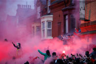 <p>Soccer Football – Champions League Quarter Final First Leg – Liverpool vs Manchester City – Anfield, Liverpool, Britain – April 4, 2018 Liverpool fans set off flares outside the stadium before the match Action Images via Reuters/Carl Recine </p>