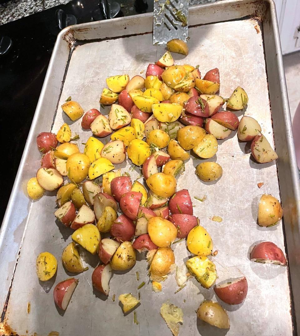 Ina Garten's roasted rosemary potatoes mid-bake