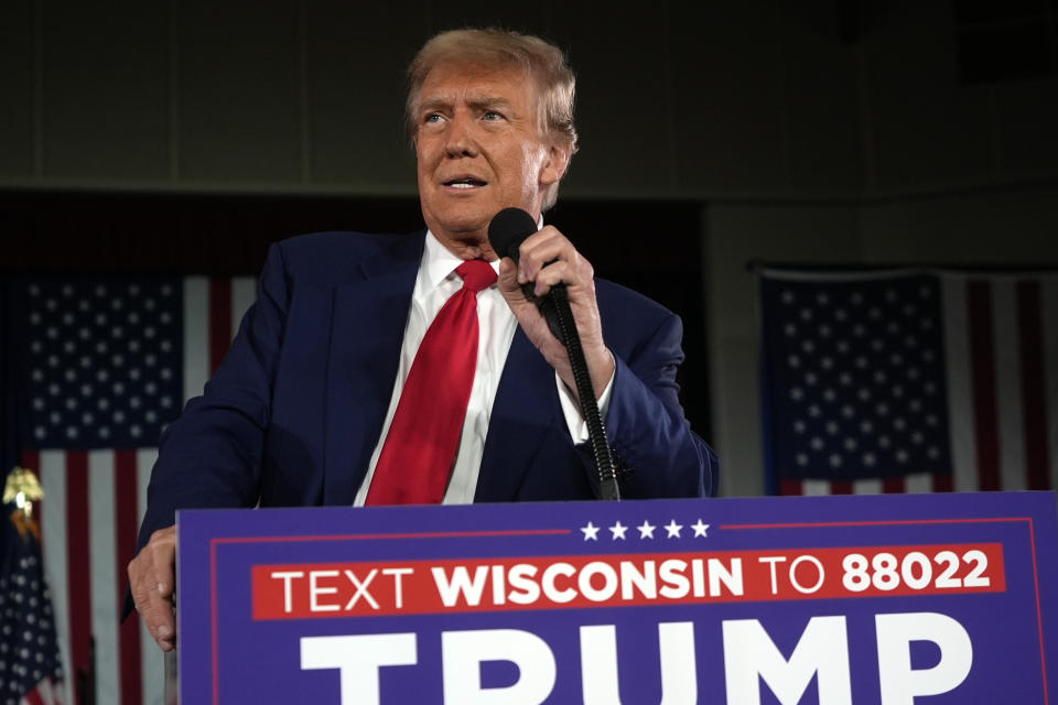 Republican presidential candidate former President Donald Trump speaks at a campaign rally on Wednesday, May 1, 2024, at the Waukesha County Expo Center in Waukesha, Wis. (AP Photo/Morry Gash)