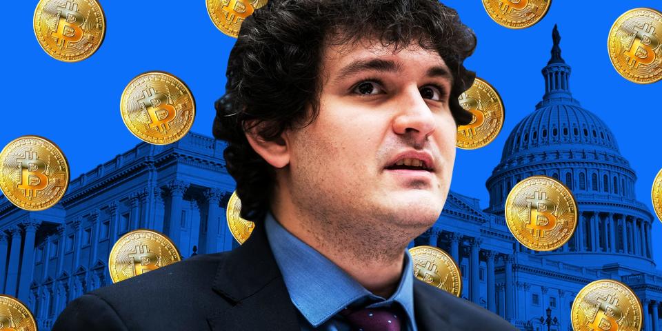 Sam Bankman-Fried against a blue background including The U.S. Capitol and falling Bitcoins