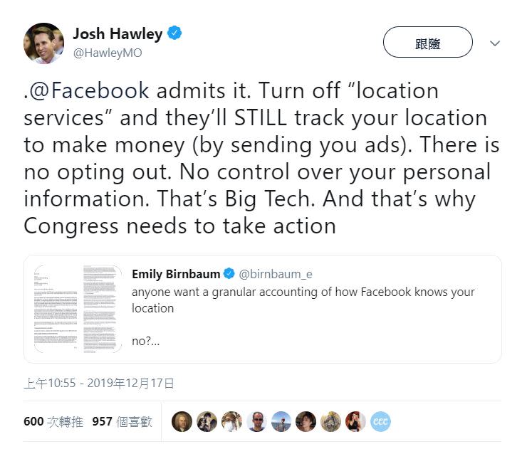 美國國會參議員Josh Hawley近期在推特發文，揭露Facebook多方蒐集用戶數據。   圖：翻攝自Josh Hawley／Twitter