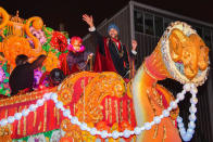 <p>Keegan-Michael Key celebrated Mardi Gras in New Orleans atop a float in the Krewe of Orpheus parade. The comedian was selected to be the group’s monarch. (Photo: Erika Goldring/Getty Images) </p>