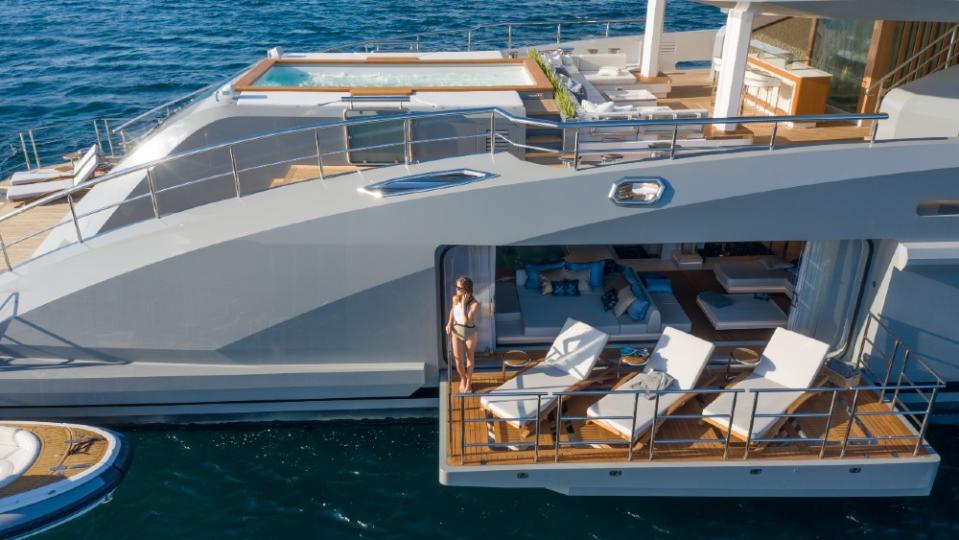 Fold-down platforms add another dimension to livability. - Credit: Courtesy Bilgin Yachts