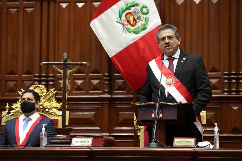 Peru's interim President Manuel Merino addresses lawmakers at Congress after he was sworn in following the removal of President Martin Vizcarra, in Lima