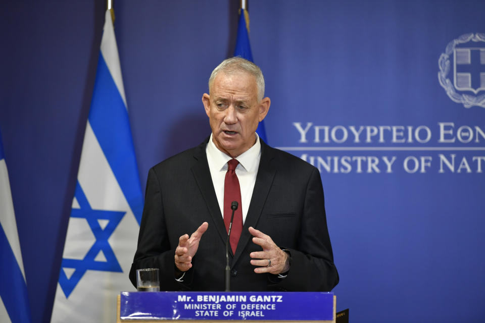 FILE - Israeli Defense Minister Benny Gantz, speaks during a joint press conference with his Greek counterpart Nikos Panagiotopoulos, at the Greek Ministry of Defence, in Athens, Greece, on Nov. 18, 2022. Benny Gantz, who is in Washington this week for meetings with U.S. leaders, is a crucial member of Israel’s War Cabinet. He is also the top political rival to Israeli Prime Minister Benjamin Netanyahu. Gantz is a centrist politician who joined Netanyahu’s ultranationalist and religious government soon after Hamas’ Oct. 7 attack on southern Israel. (AP Photo/Michael Varaklas, File)