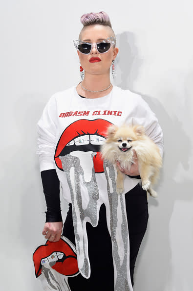 <p>Kelly has been on several FROWS the last few days with her little pup, just look at its little face - it definitely counts as a highlight. This was taken at the Namilia show, which was also pretty freaking rad. <i>[Photo: Getty]</i></p>