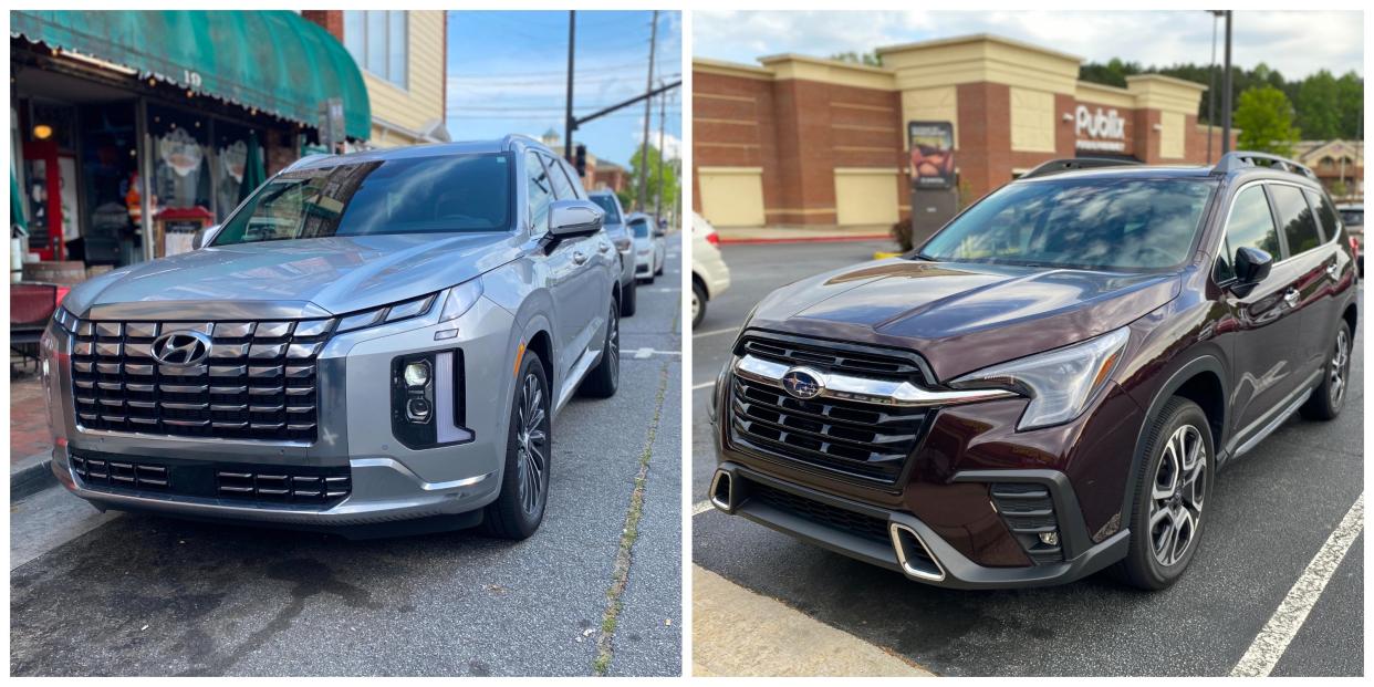 Two photos showing a silver 2024 Hyundai Palisade Calligraphy SUV and a maroon 2024 Subaru Ascent Touring SUV.