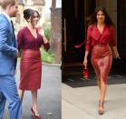 <p>With Priyanka Chopra and the Duchess of Sussex being such good friends, it's hard to tell who was inspired by who with these burgundy monochrome looks. The Baywatch actress coordinated her leather pencil skirt with a matching blouse in New York City in 2018, while Meghan arrived at a Queen's Commonwealth Trust event in 2019 in a similar look. </p>