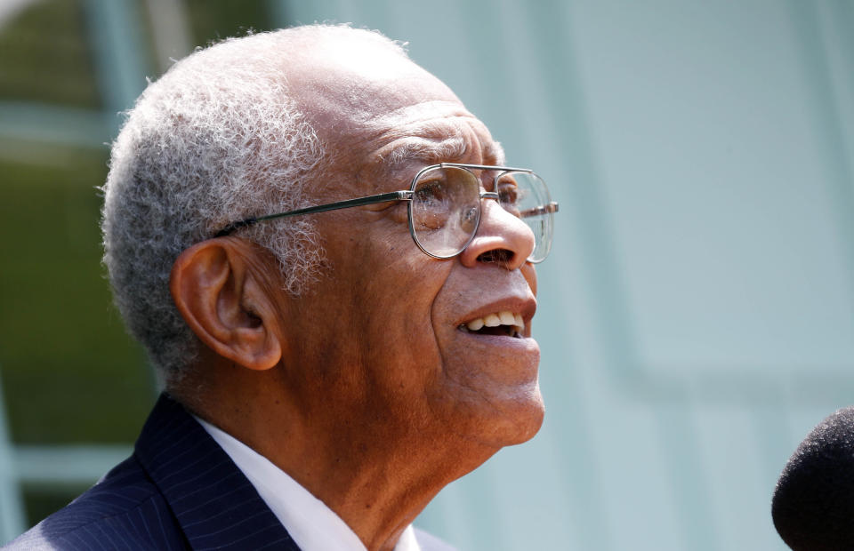 FILE - Hollis Watkins sings in memory of Medgar Evers during a wreath-laying ceremony Thursday, May 16, 2013, at the Jackson, Miss., home of Evers, the Mississippi NAACP leader who was assassinated in 1963. Longtime Mississippi civil rights activist Watkins died Wednesday, Sept. 20, 2023, at age 82 at his home in Clinton, Miss. (AP Photo/Rogelio V. Solis, File)