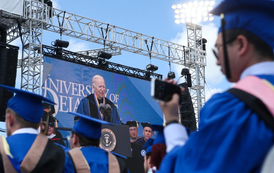 President Joe Biden delivers the main address during the University of Delaware's 2022 Commencement at Delaware Stadium, Saturday, May 28, 2022.