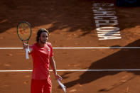 Stefanos Tsitsipas, of Greece, celebrates his victory over Dusan Lajovic, of Serbia, during a semi final open tennis tournament in Barcelona, Spain, Saturday, April 20, 2024. (AP Photo/Joan Monfort)