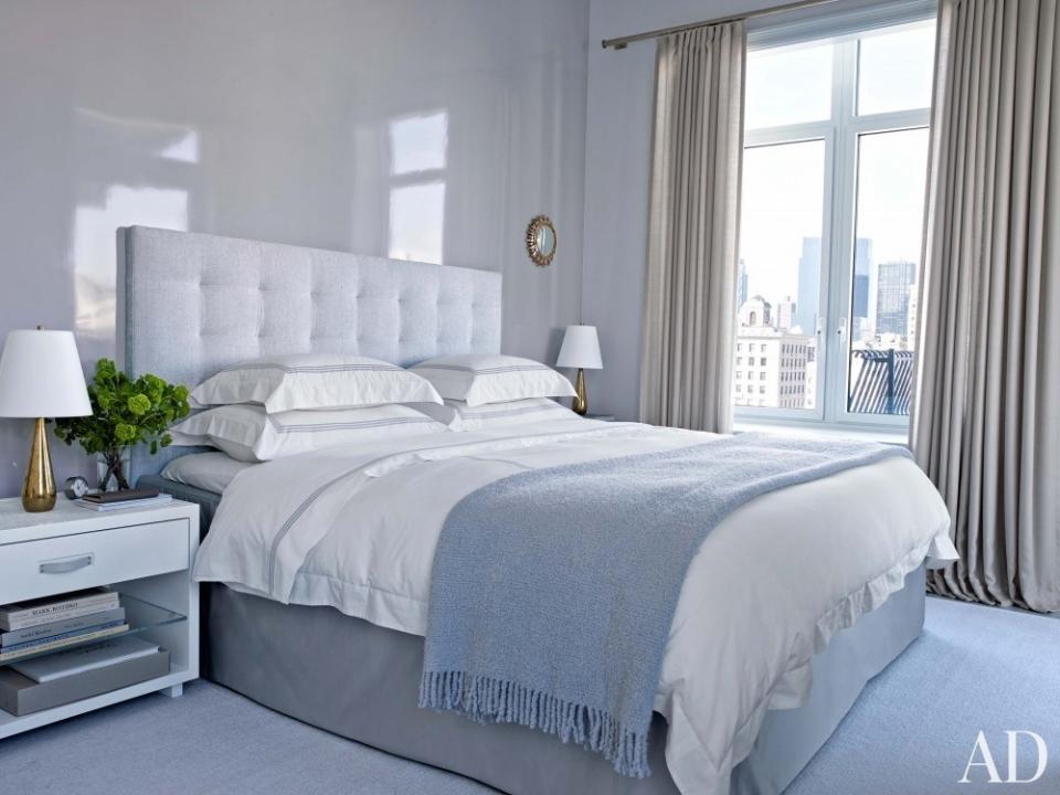 In the master suite of the same Manhattan apartment by Shelton, Mindel & Associates, the walls are painted in Benjamin Moore's Sterling gray.