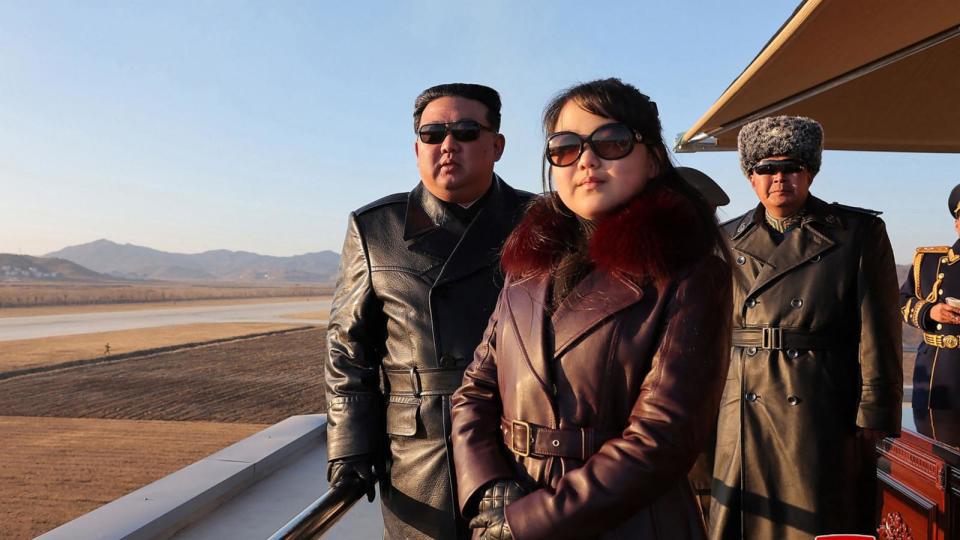 PHOTO: This picture taken on Nov. 30, 2023 and released from North Korea's official Korean Central News Agency on Dec. 1, 2023 shows North Korea's leader Kim Jong Un and his daughter  observing an air festival. (Korean Central News Agency via KNS/AFP via Getty Image)