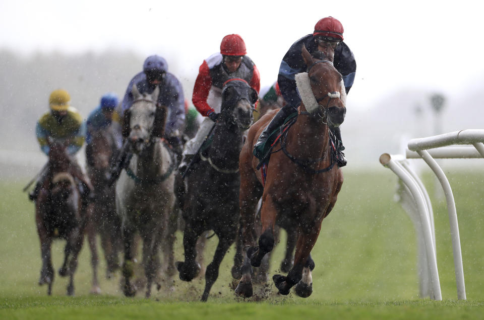 <p>Kings Creek and jockey Jamie Gormley (right) leads the field in the Racing Supporting Mental Health Awareness Week Handicap at Catterick Bridge Racecourse. Picture date: Monday May 10, 2021.</p>
