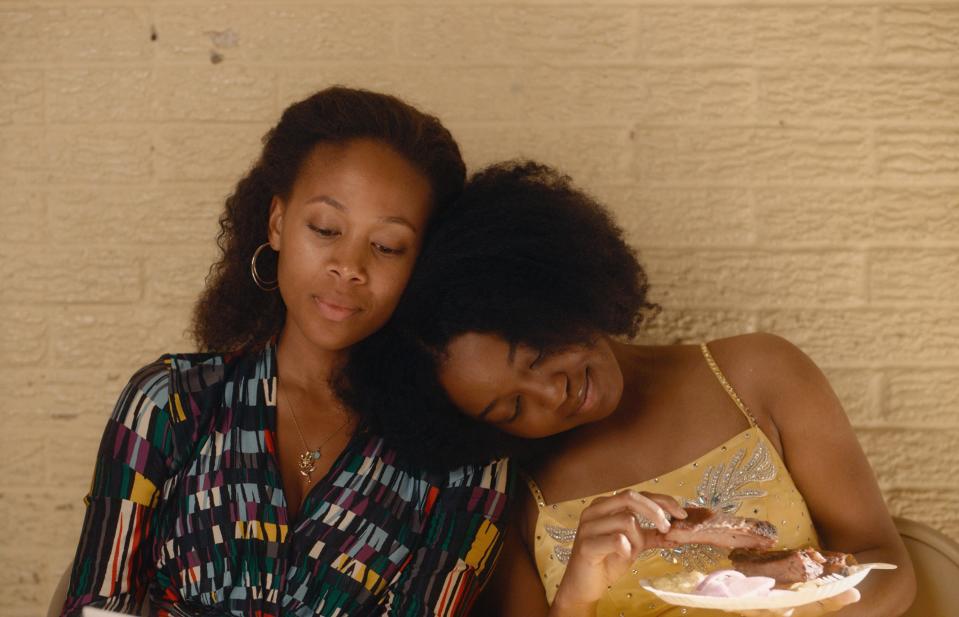 Turquoise (Nicole Beharie, left) and Kai (Alexis Chikaeze) bond over preparing for the "Miss Juneteenth" pageant.