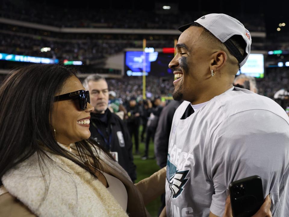 Jalen Hurts (1) in action, celebrates following game vs San Francisco 49ers at Lincoln Financial Stadium