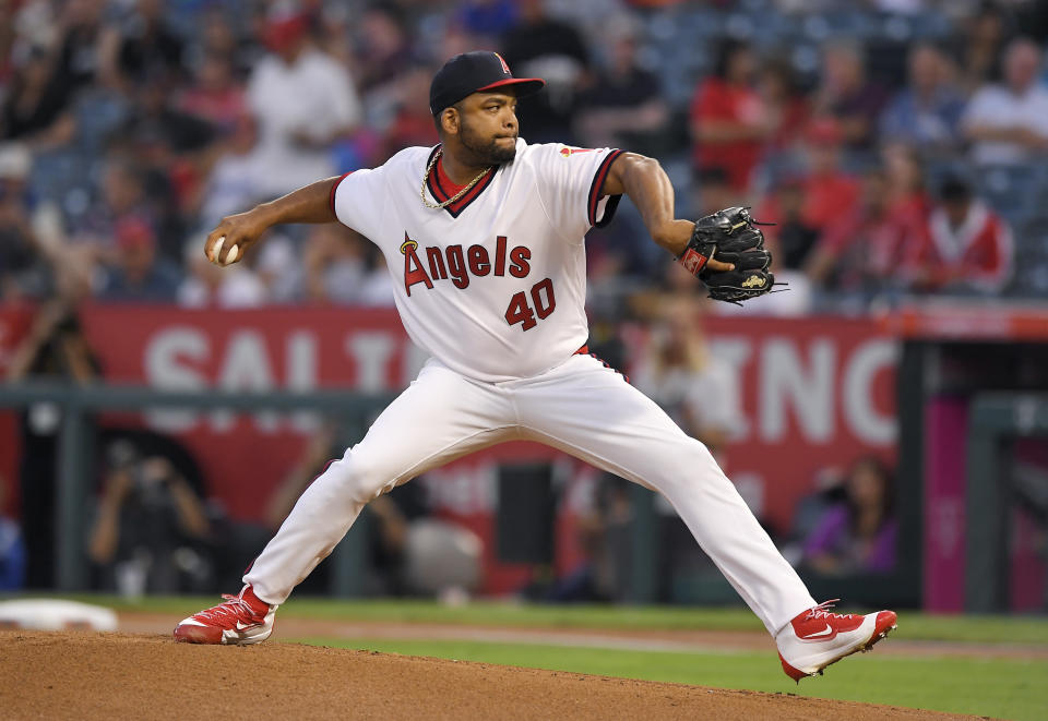 Los Angeles Angels starting pitcher Odrisamer Despaigne throws to the plate during the first inning of a baseball game against the Colorado Rockies, Monday, Aug. 27, 2018, in Anaheim, Calif. (AP Photo/Mark J. Terrill)