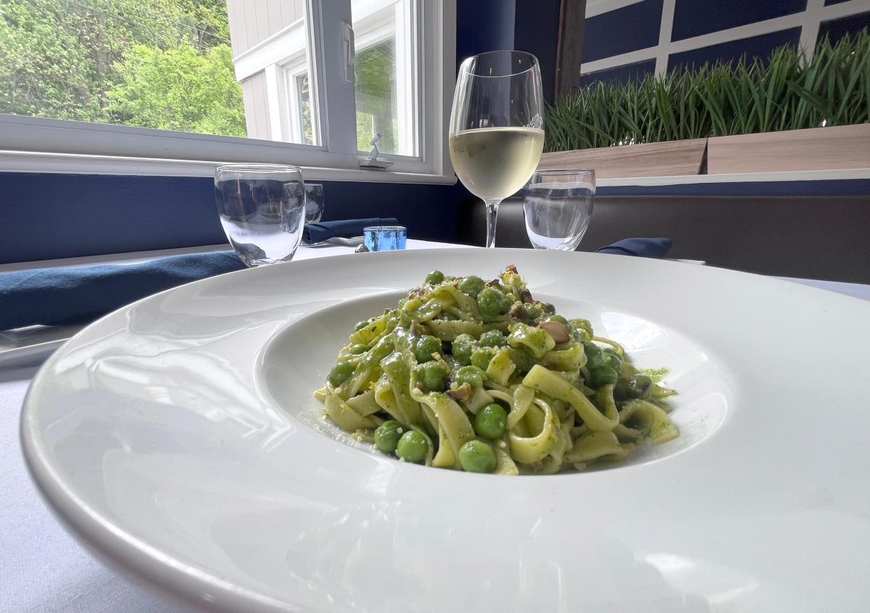 Tagliatelle with ramp pesto, English peas, pistachio, lemon at the Club Car Grille in Irvington May 9, 2024.