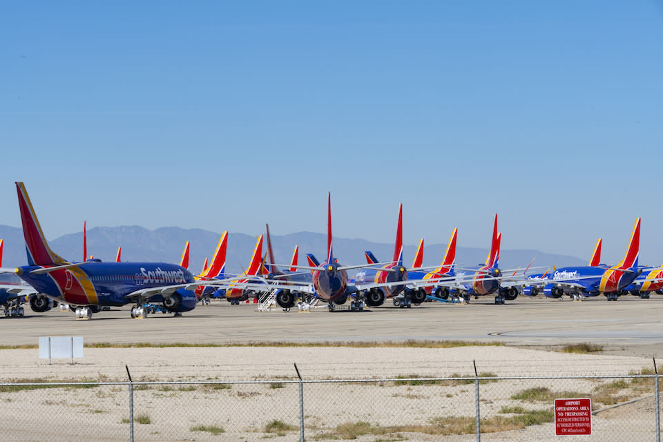 Grounded Boeing 737 MAX 8 aircraft fleet of Southwest Airlines in storage at Victorville, CA. on May 4, 2019