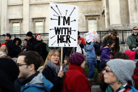 <p>A woman in Trafalgar Square during the Women’s March on London in central London, Britain January 21, 2017. (Kevin Coombs/Reuters) </p>