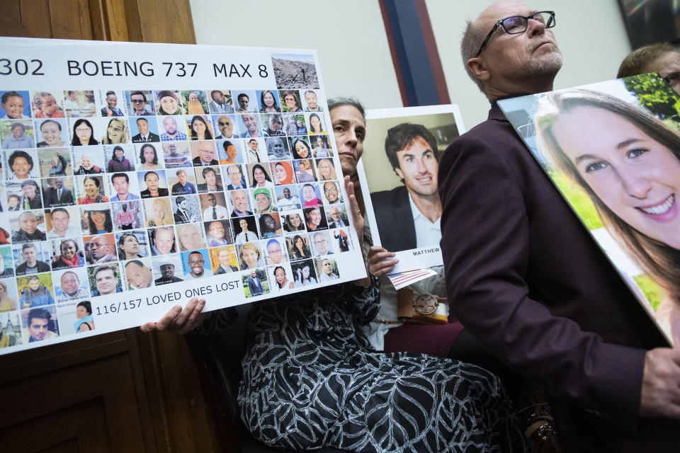 UNITED STATES - OCTOBER 30: Nadia Milleron, whose daughter Samya Stumo, was killed in the crash of  Ethiopian Airlines Flight 302, holds a picture of Boeing 737 Max jet crash victims, during the House Transportation and Infrastructure Committee hearing examining the design, development, and marketing, of the Boeing 737 Max, in Rayburn Building on Wednesday, October 30, 2019. (Photo By Tom Williams/CQ-Roll Call, Inc via Getty Images)