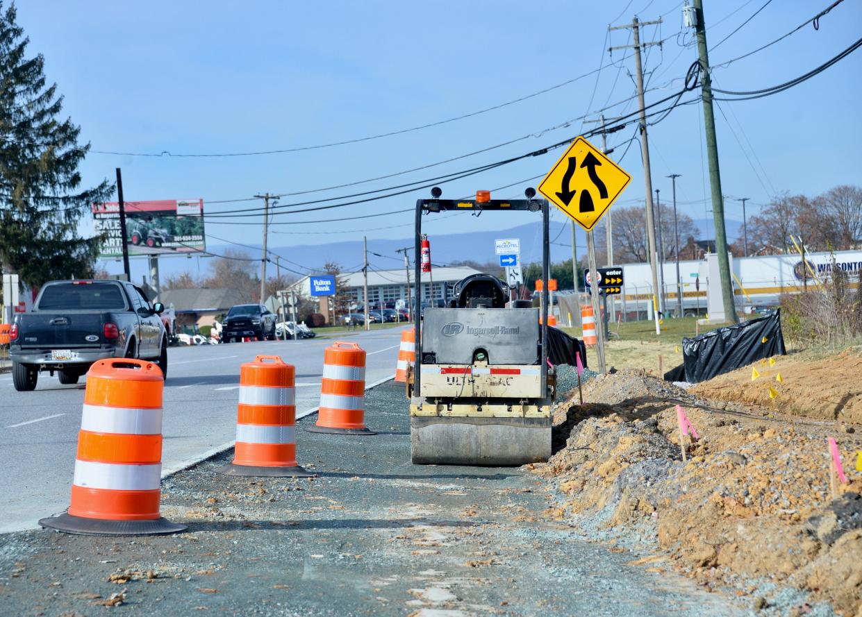 The Maryland State Highway Administration is having an extra lane added to the ramp from southbound I-81 onto Maugans Ave. This picture, taken Nov. 30, 2023, shows Maugans Avenue just west of where that ramp merges with the local road.