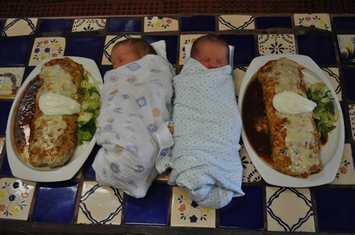 Apparently this is the first pair of twins to be feautured in a baby and burrito photo at Gorditos.