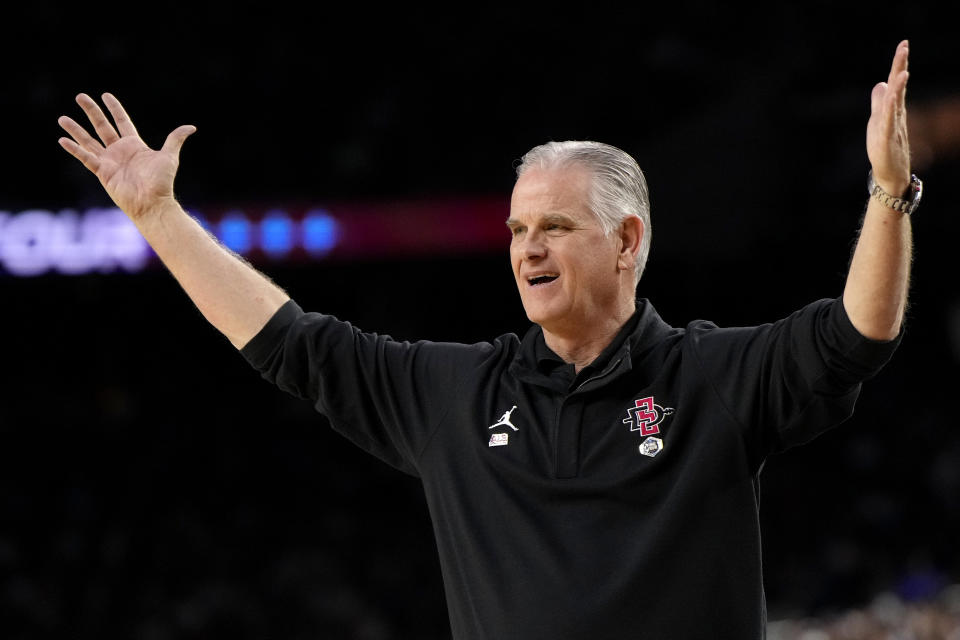 San Diego State head coach Brian Dutcher reacts during the first half of the men's national championship college basketball game against Connecticut in the NCAA Tournament on Monday, April 3, 2023, in Houston. (AP Photo/David J. Phillip)